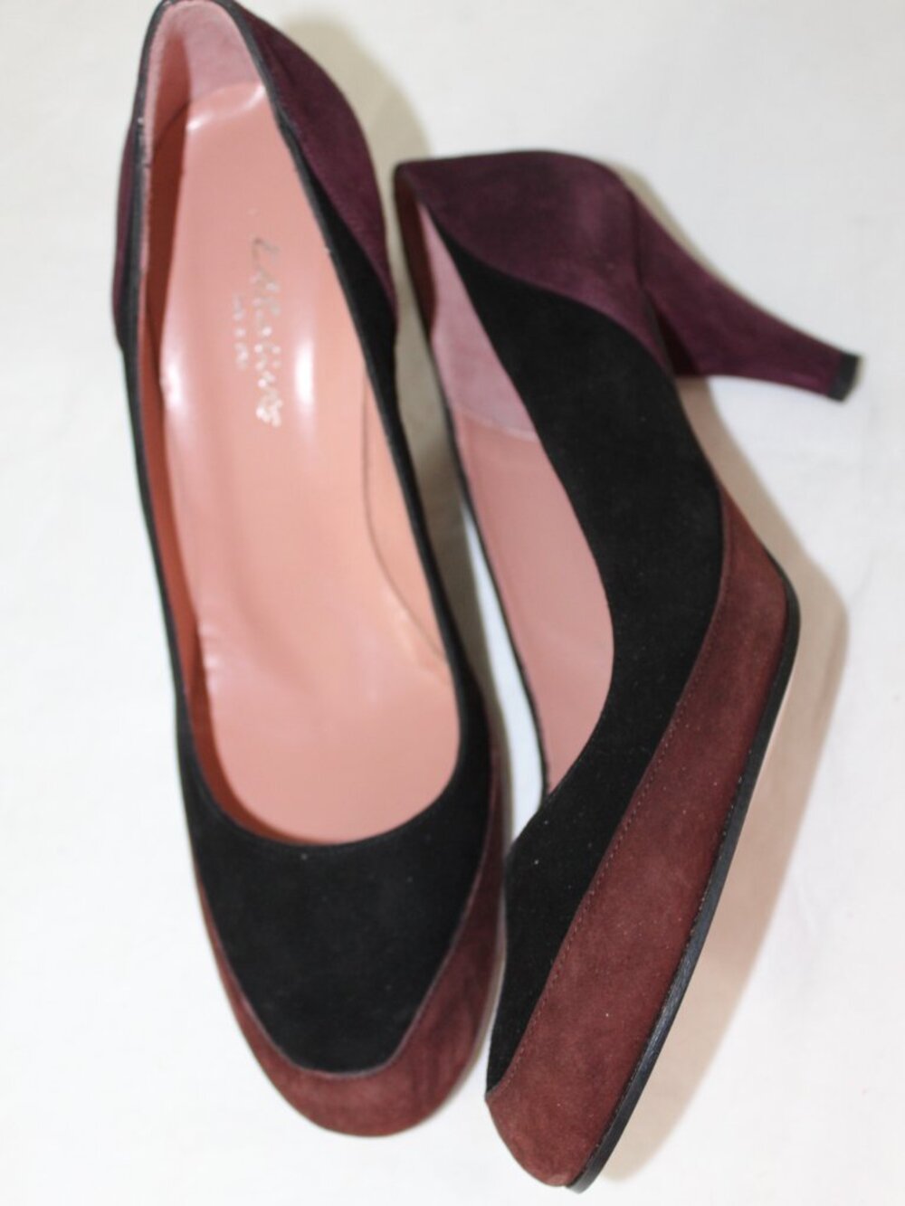 NEW Karoline Low Heel Suede Color Blocked Pumps Heels Black Burgundy 38.5
